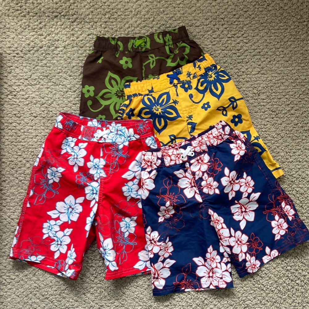 NWOT-Bundle of 4 Xtreme Hibiscus Swim Trunks Red, Navy, Yellow, Brown-Size 4.